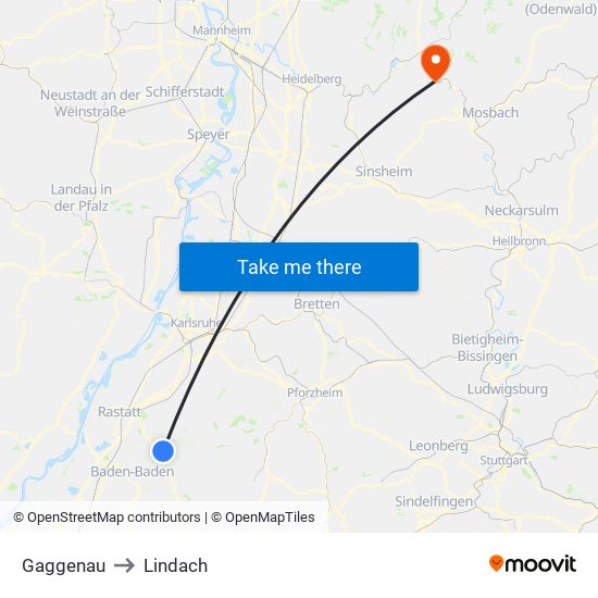 Gaggenau to Lindach map
