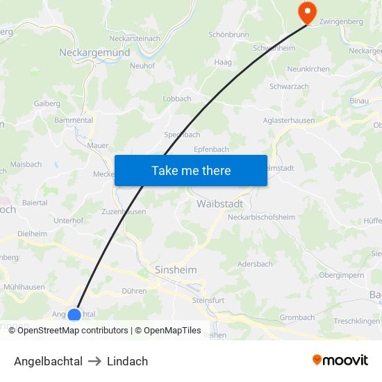 Angelbachtal to Lindach map