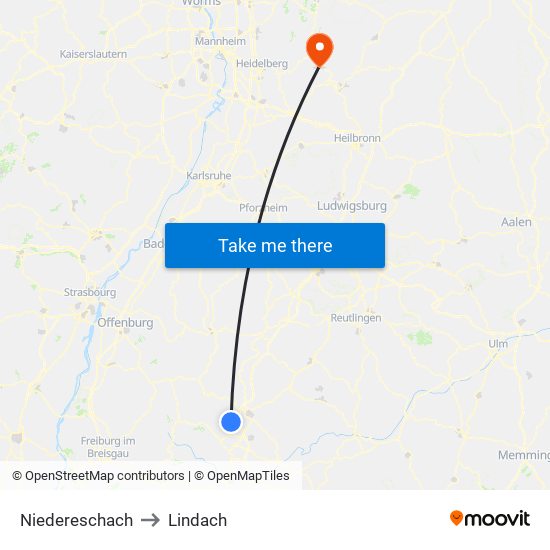 Niedereschach to Lindach map