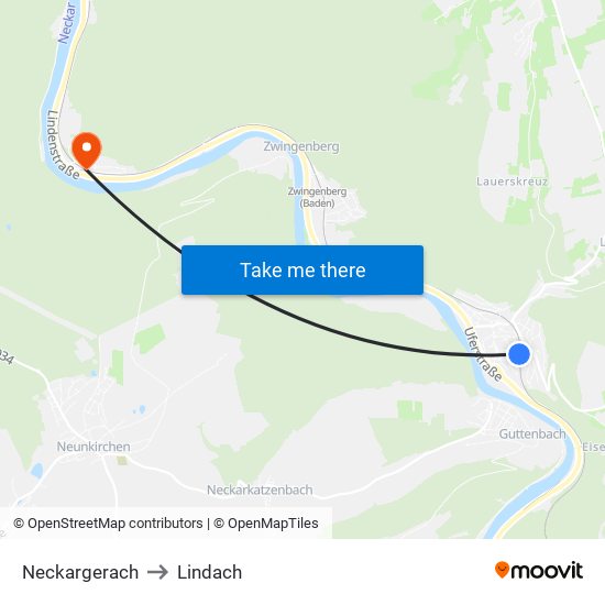 Neckargerach to Lindach map