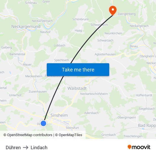Dühren to Lindach map