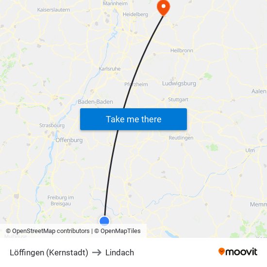 Löffingen (Kernstadt) to Lindach map