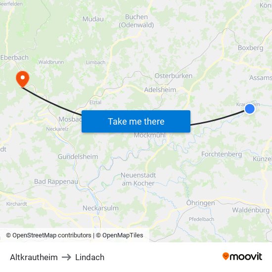 Altkrautheim to Lindach map