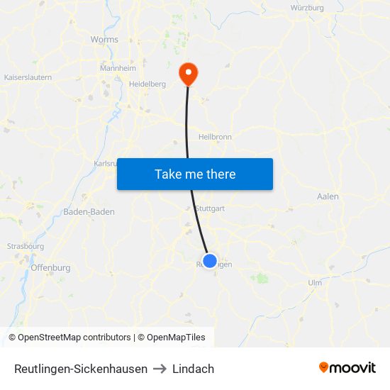 Reutlingen-Sickenhausen to Lindach map