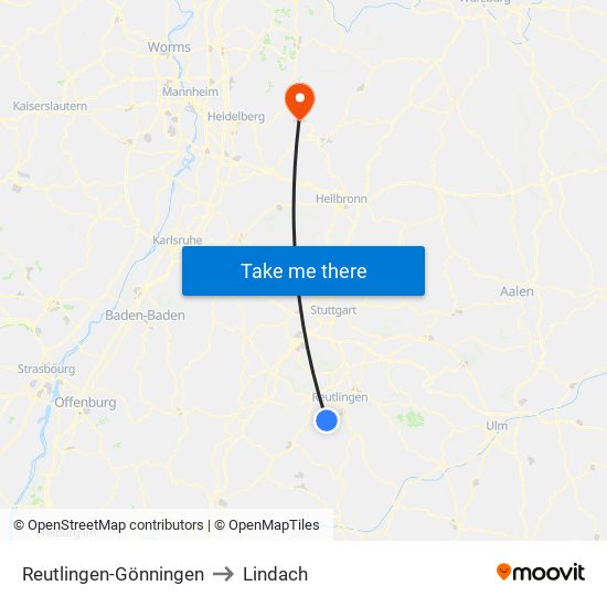 Reutlingen-Gönningen to Lindach map