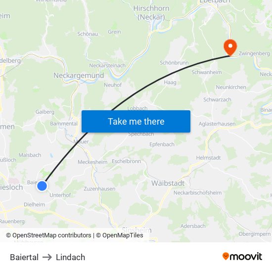 Baiertal to Lindach map