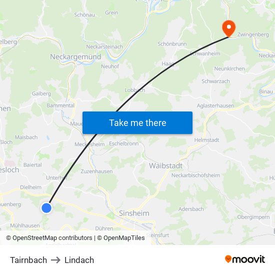 Tairnbach to Lindach map