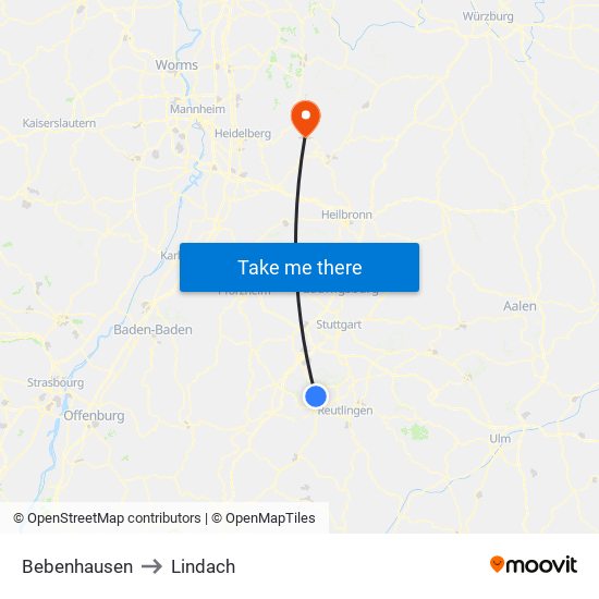 Bebenhausen to Lindach map