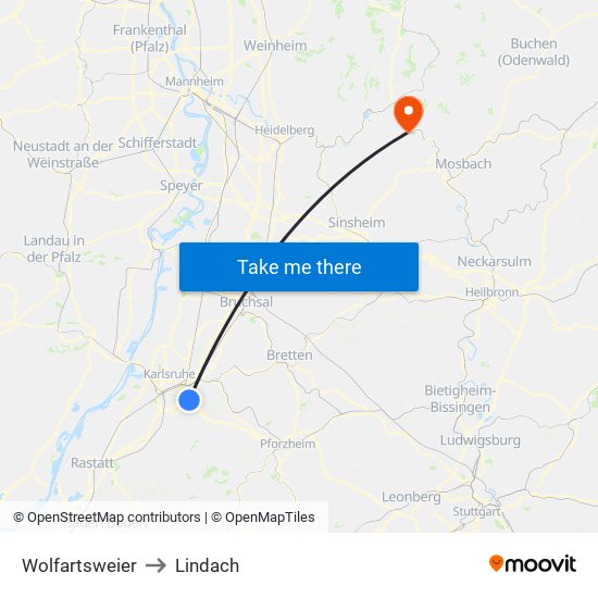 Wolfartsweier to Lindach map