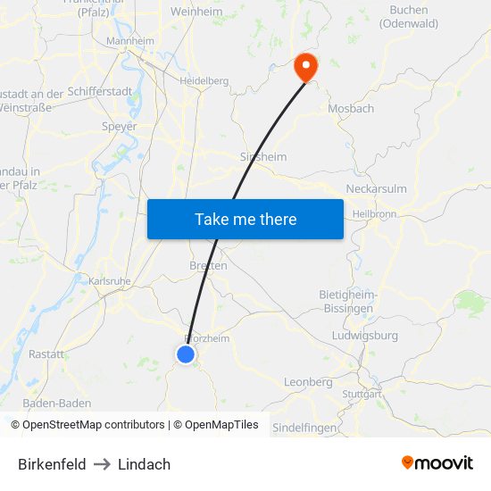 Birkenfeld to Lindach map