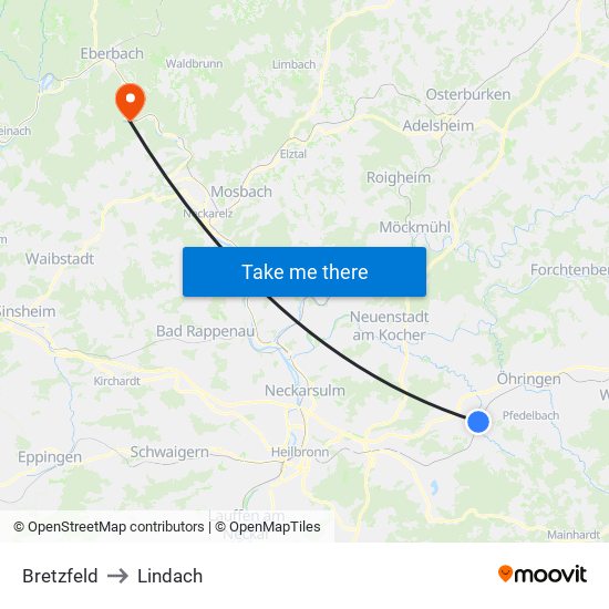 Bretzfeld to Lindach map