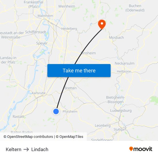 Keltern to Lindach map