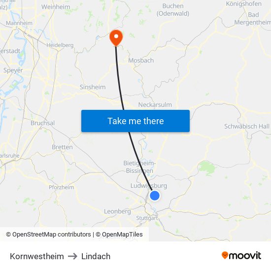 Kornwestheim to Lindach map