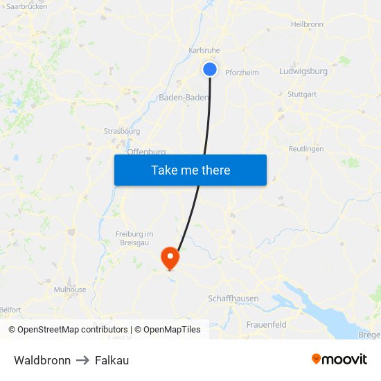 Waldbronn to Falkau map