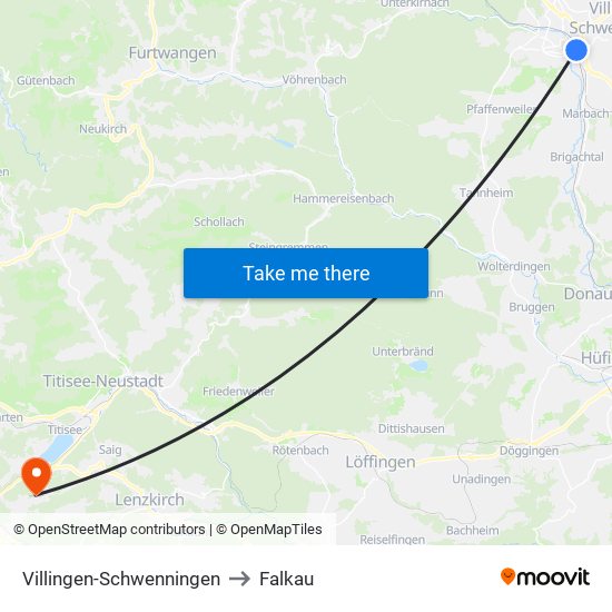 Villingen-Schwenningen to Falkau map