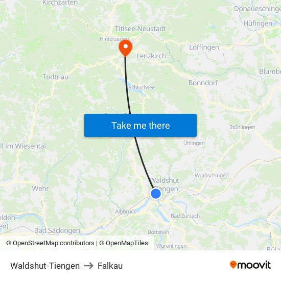 Waldshut-Tiengen to Falkau map