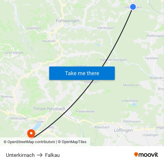 Unterkirnach to Falkau map