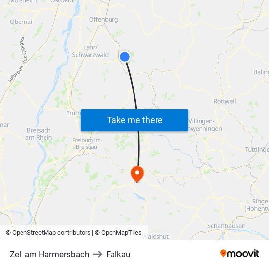 Zell am Harmersbach to Falkau map