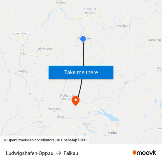 Ludwigshafen-Oppau to Falkau map
