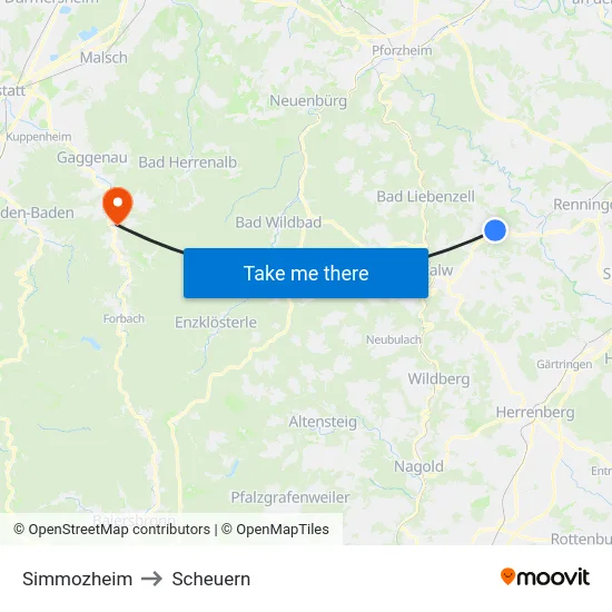 Simmozheim to Scheuern map