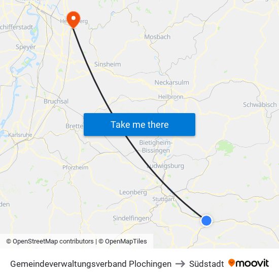 Gemeindeverwaltungsverband Plochingen to Südstadt map