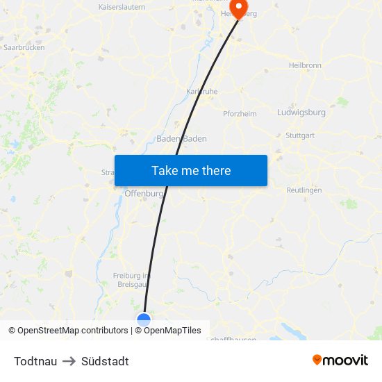 Todtnau to Südstadt map