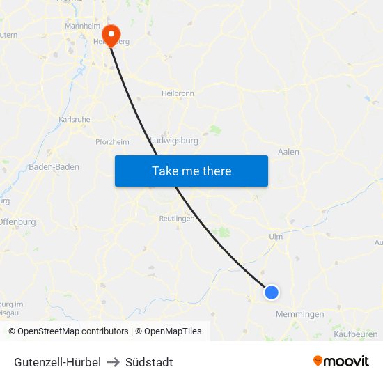 Gutenzell-Hürbel to Südstadt map