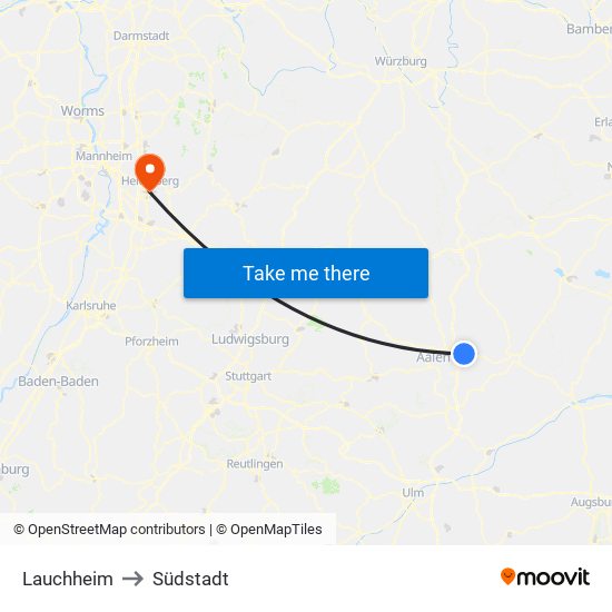 Lauchheim to Südstadt map