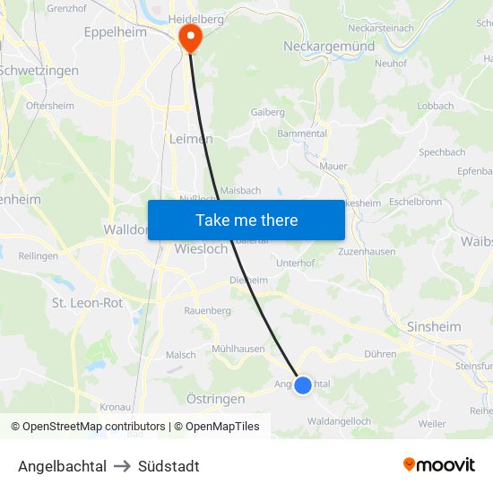 Angelbachtal to Südstadt map