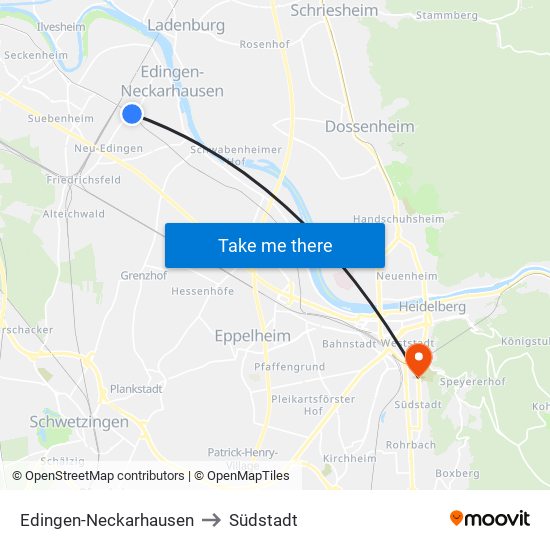 Edingen-Neckarhausen to Südstadt map