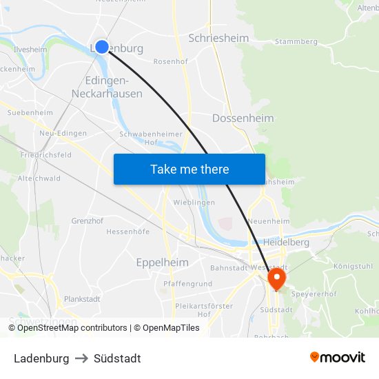 Ladenburg to Südstadt map