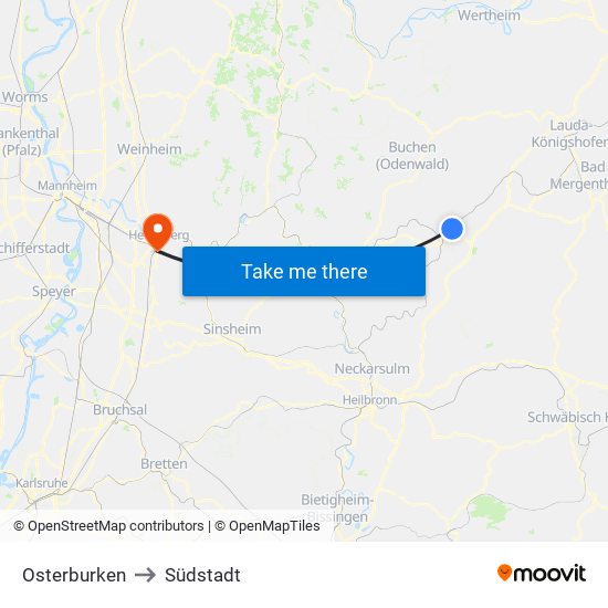 Osterburken to Südstadt map