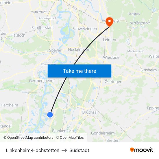 Linkenheim-Hochstetten to Südstadt map