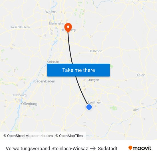 Verwaltungsverband Steinlach-Wiesaz to Südstadt map