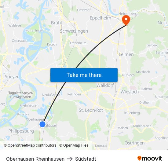 Oberhausen-Rheinhausen to Südstadt map