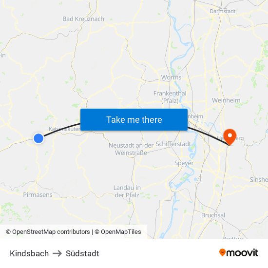 Kindsbach to Südstadt map