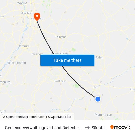 Gemeindeverwaltungsverband Dietenheim to Südstadt map