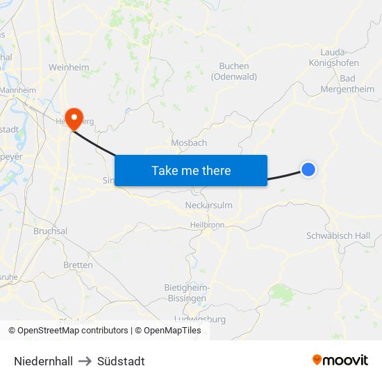 Niedernhall to Südstadt map