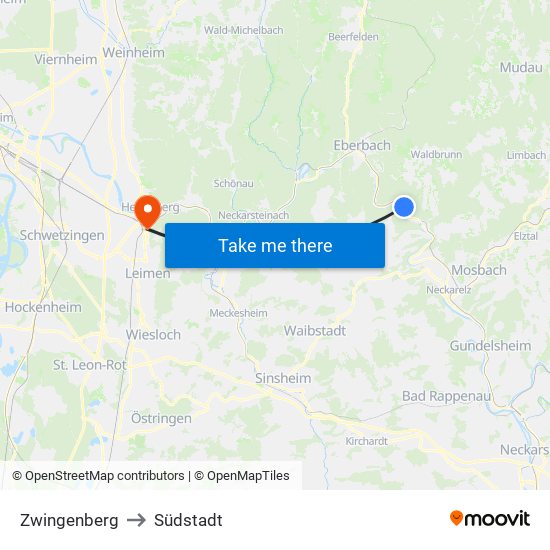 Zwingenberg to Südstadt map