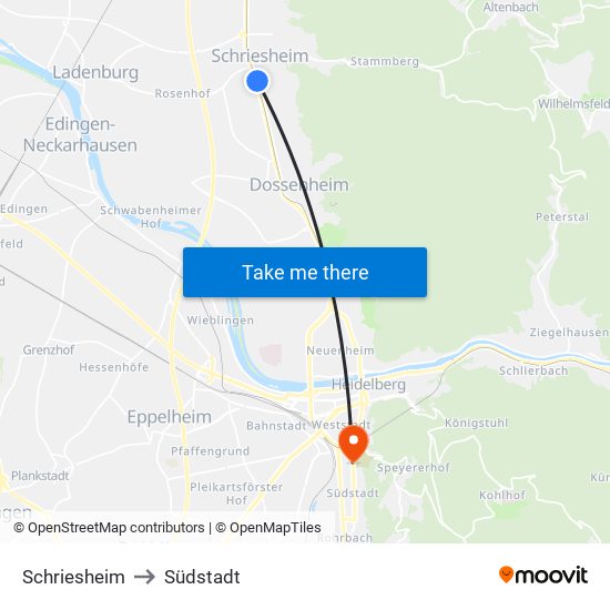 Schriesheim to Südstadt map