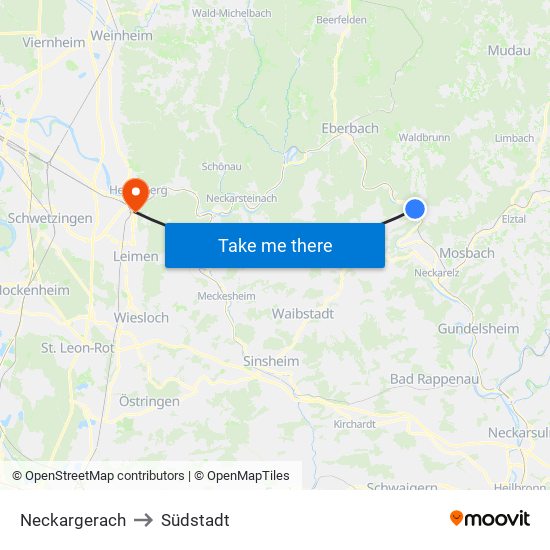 Neckargerach to Südstadt map