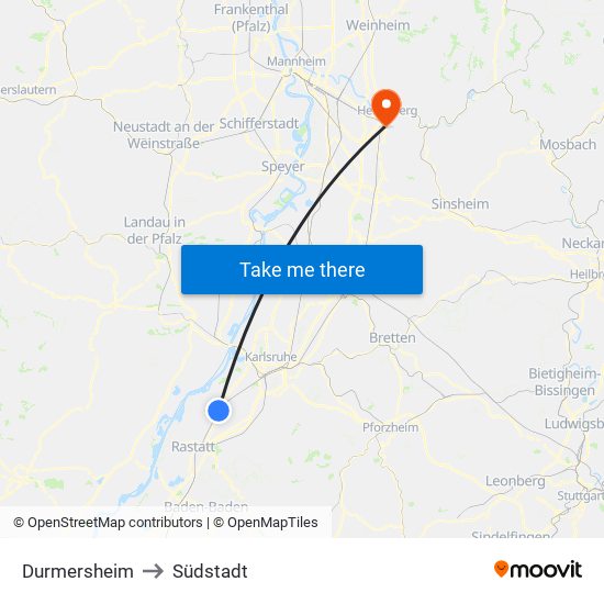 Durmersheim to Südstadt map