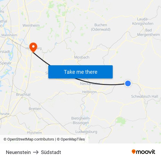 Neuenstein to Südstadt map