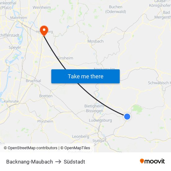 Backnang-Maubach to Südstadt map