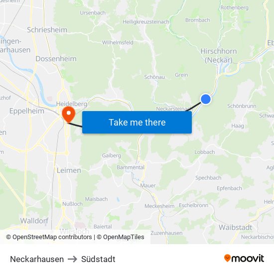 Neckarhausen to Südstadt map