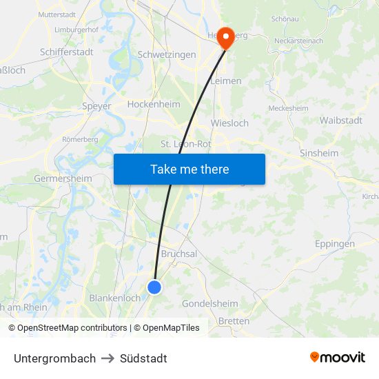 Untergrombach to Südstadt map