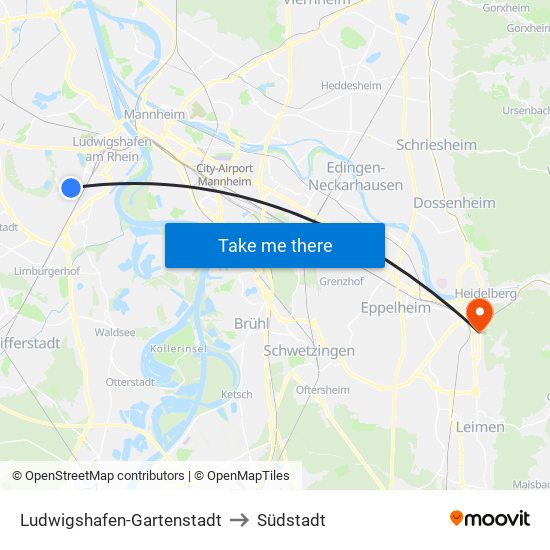 Ludwigshafen-Gartenstadt to Südstadt map