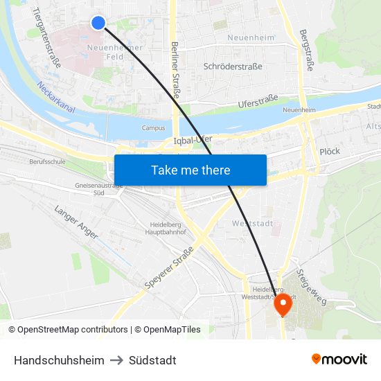 Handschuhsheim to Südstadt map