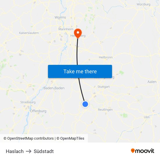 Haslach to Südstadt map