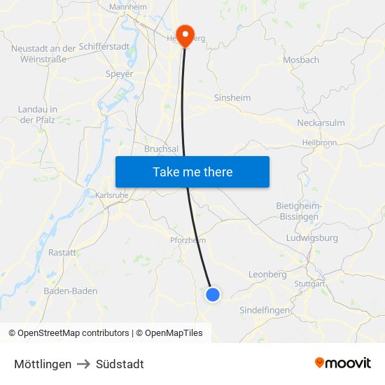Möttlingen to Südstadt map